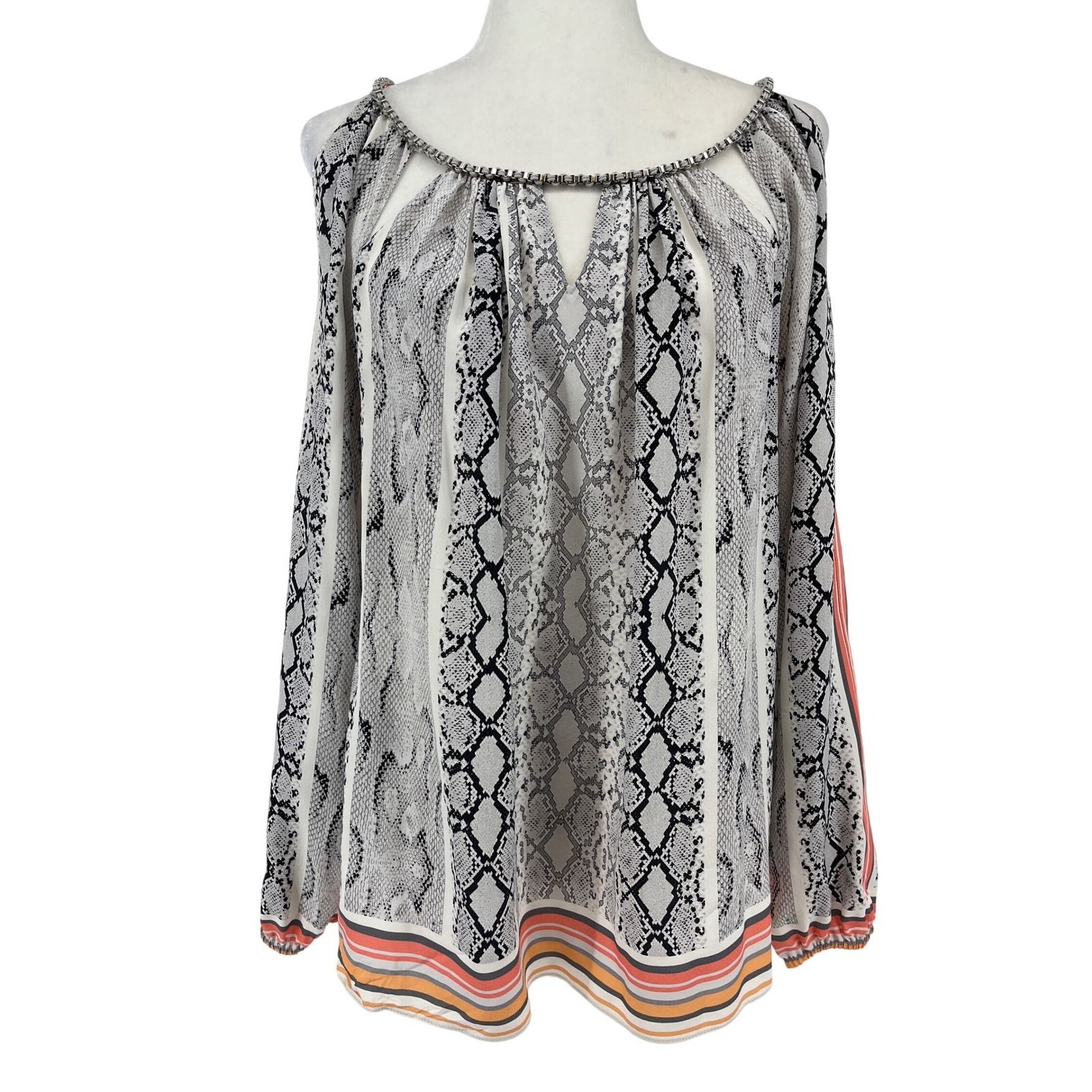 Ramy Brook Silk Snakeskin Cold Shoulder Blouse Grey Orange Chain Neck Small